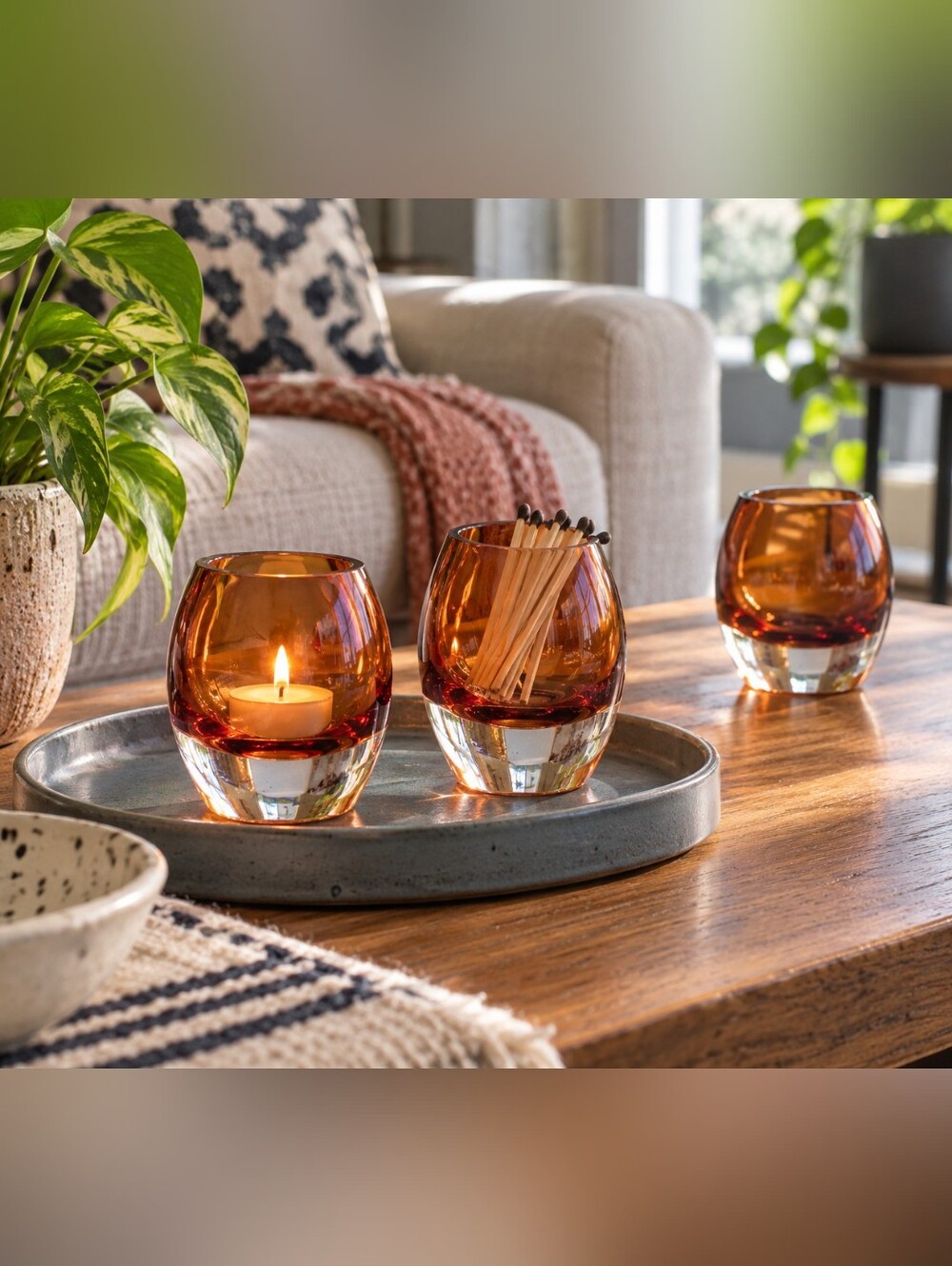 Mikasa Solaris Amber Glass Votive Holders | Heavy Clear Base | Set of 3